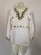 Vintage blouse folk boho embroidered size M green stitch v-neck 3/4 sleeve