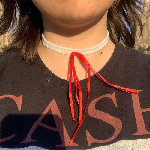 White Ribbon Choker Necklace with Long Red Bow