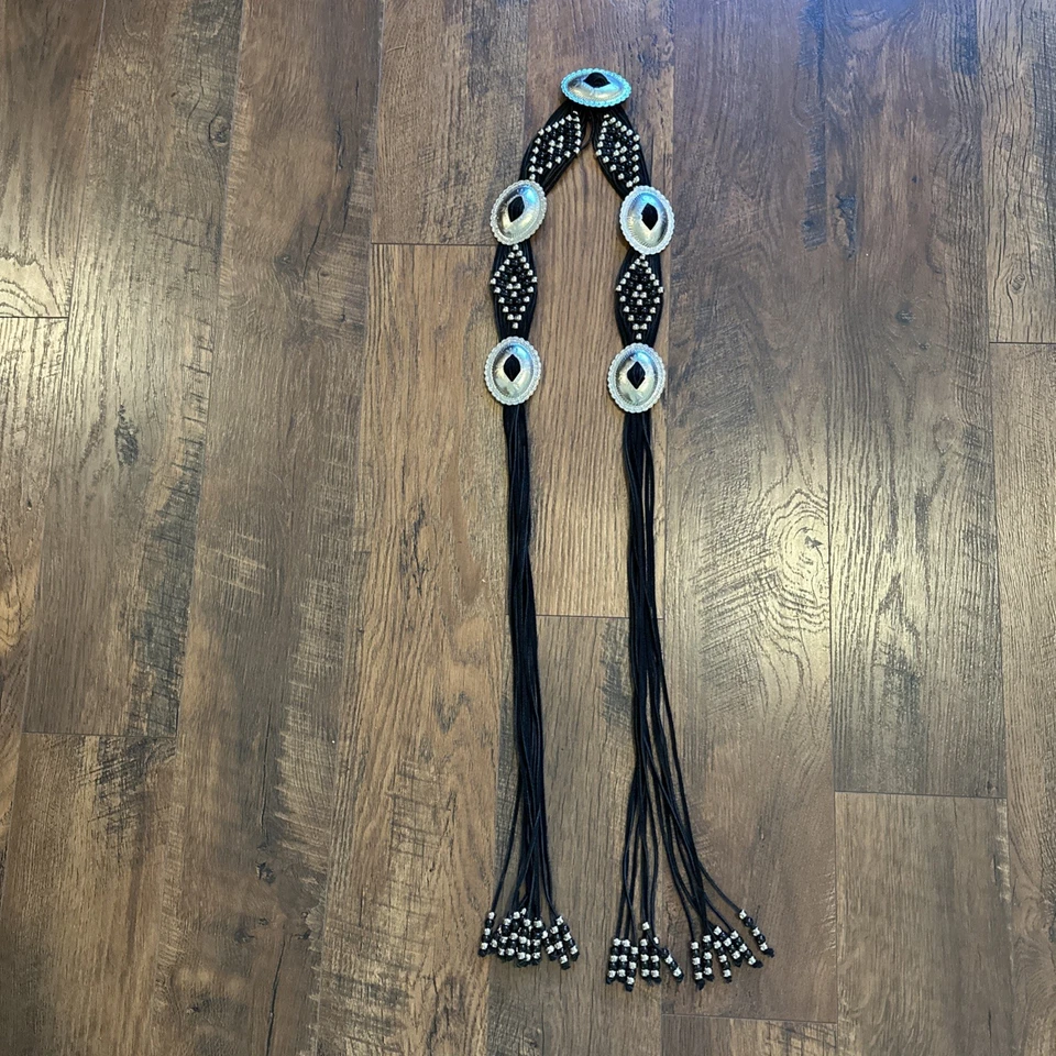 Cinturón Southwestern Concho Cuero Negro Tono Plata Borla Cuentas Corbata Declaración Foto 3 de 4