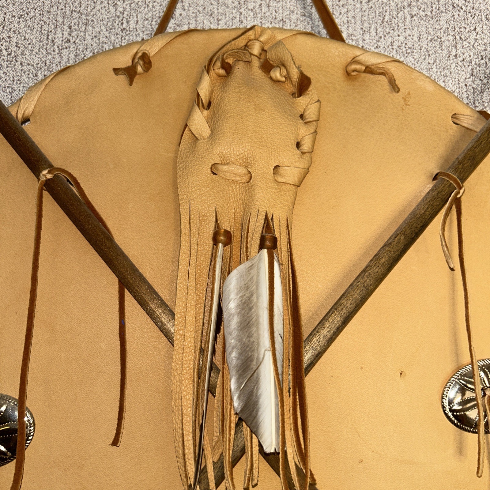 14" dia Tan Leather Medicine Man Shield w/ 2 Arrows & Medicine Bag Used