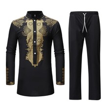 Men's African Dashiki 2 Piece Suit Traditional Long Sleeve Kurta and Pants Ou...