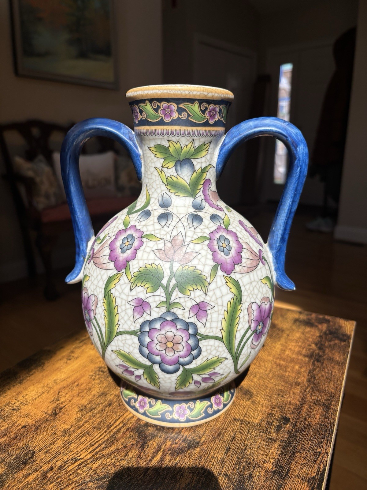 Vintage Large Ceramic Vase With Florals And Blue Handles