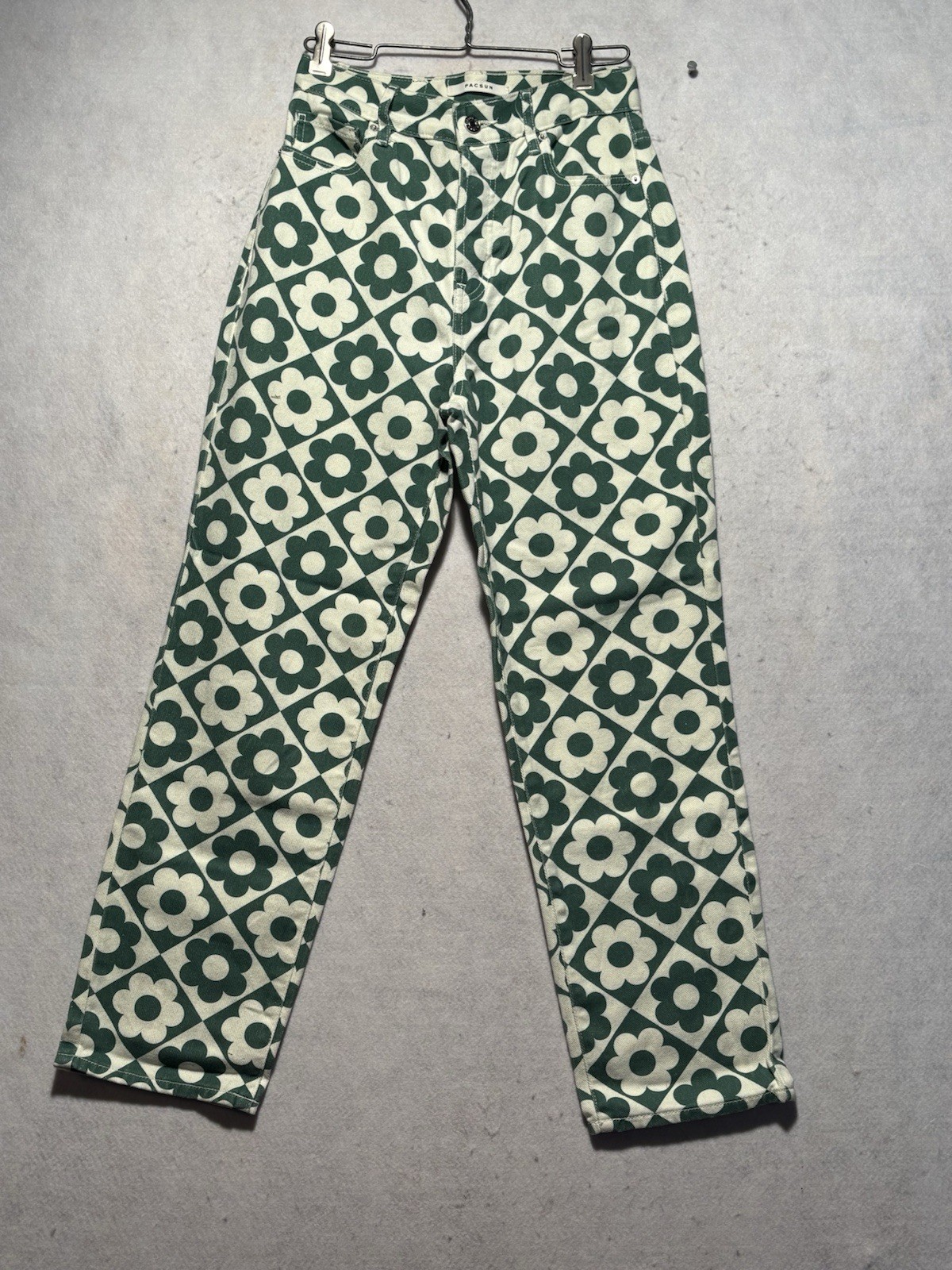 PacSun Green & White Daisy High Waisted Straight Leg Jeans Size 26 Retro Floral
