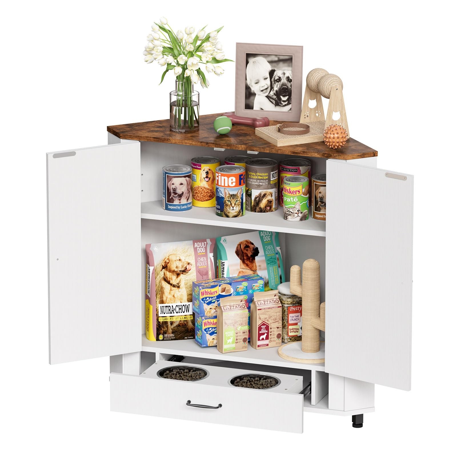 Storage Corner Cabinet Dog Feeding Station With 2 Hidden Dog Bowls