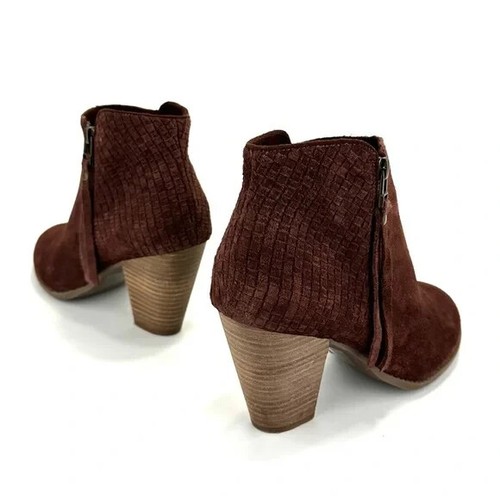 SOLE SOCIETY “ZADA” RED WINE SUEDE STOCK BLOCK HEEL WOVEN ANKLE BOOTS/BOOTIES - Picture 6 of 16