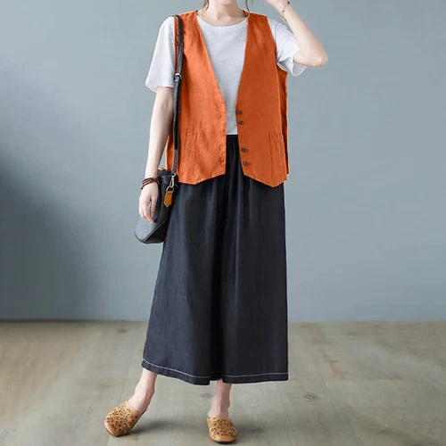 Mujeres Algodón Lino Sin Mangas Chaleco Abrigo Damas Botones Chaleco Informal Camiseta sin Mangas - Imagen 8 de 45