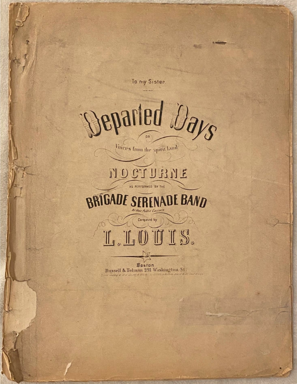 1856 sheet music: Departed Days by L Louis (Lafayette Lewis) NY, MASS, FL 5pp