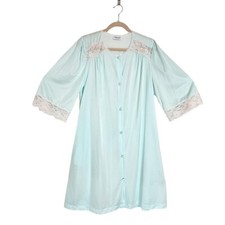 Vintage Lorraine Size Med Short Robe 3/4 Sleeve Blue Nylon Button Up Made In USA
