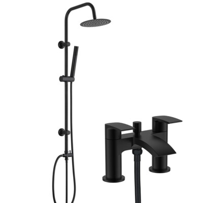Matt Schwarz Modern Rund Wasserfall Bad Dusche Mischbatterie & 3 Wege Starre Steigstufe Kit