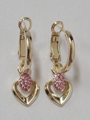 Hoop Earring Dangling Heart Pink Stones Gold Sterling Silver Omega Clip Back