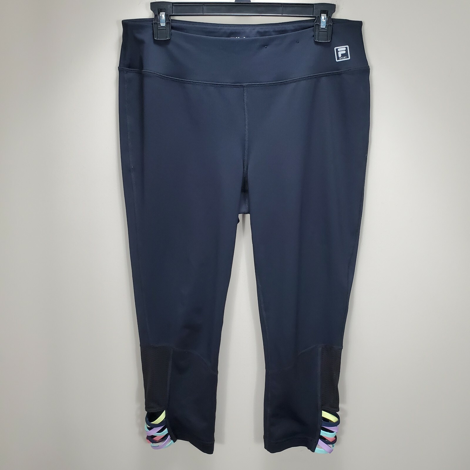 Fila Sport Black Capris Legging Mesh Pastel Straps At Ankle Womens L