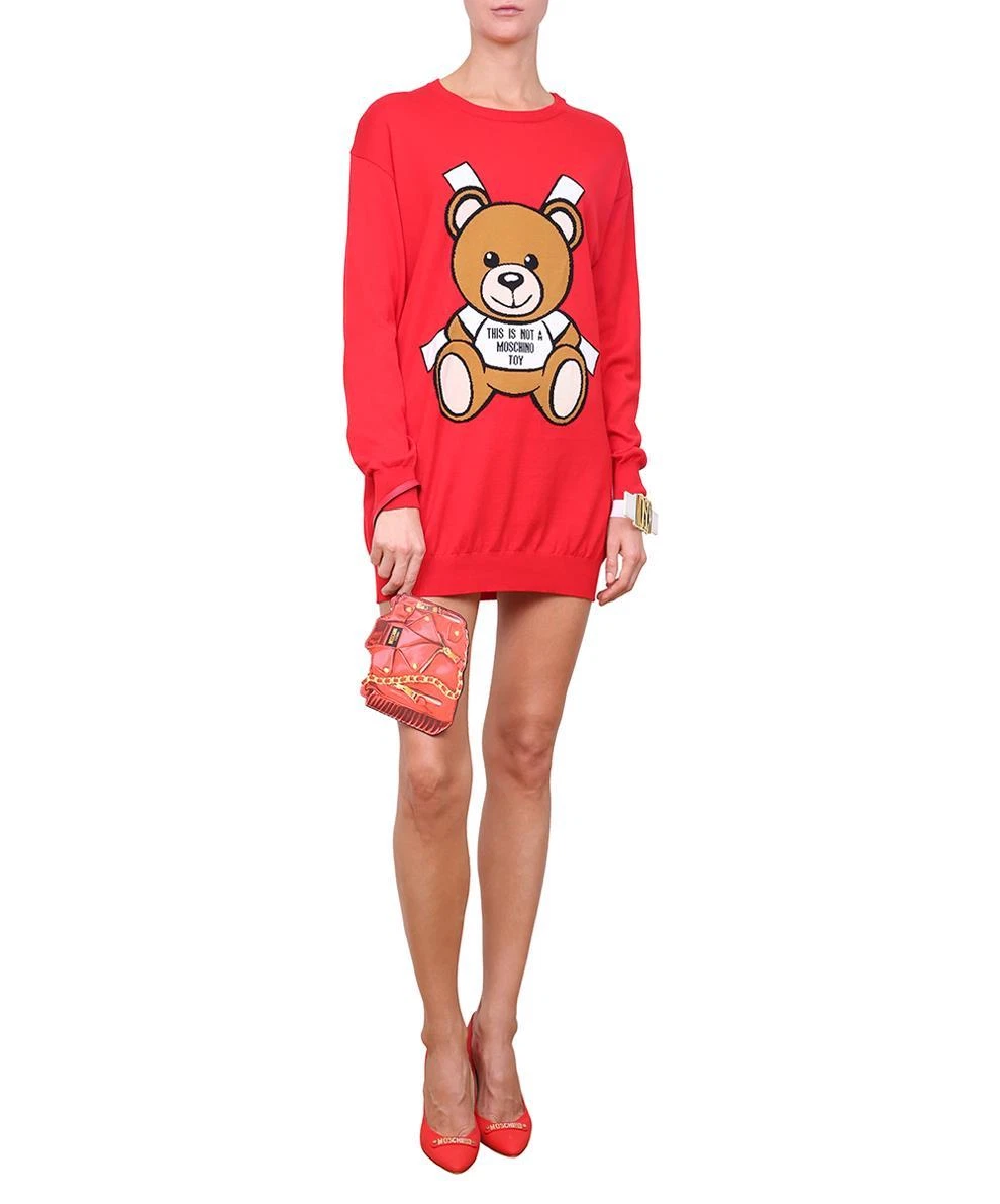 Abito intarsiato rosso SS17 $795 Moschino Couture Jeremy Scott orsacchiotto orsacchiotto SS17 $795