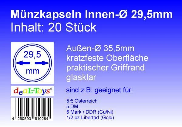 DEAL-TOYS® 20 Münzkapseln 29,5 mm, geeignet für 5 DM, 5 Mark DDR, 5 € Österreich