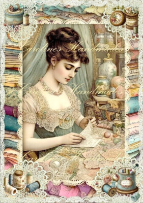 Vintage Victorian Sewing Lady & Lace A Cotton Fabric Quilt Block Multi-size