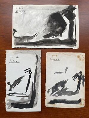 3) Pablo Picasso Bullfighter Ink On Paper Original Drawings Signed