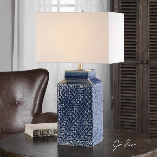 PERO AGED TEXTURED BLUE GLAZE CERAMIC TABLE LAMP BRUSHED NICKEL METAL 27229 - Picture 2 of 4