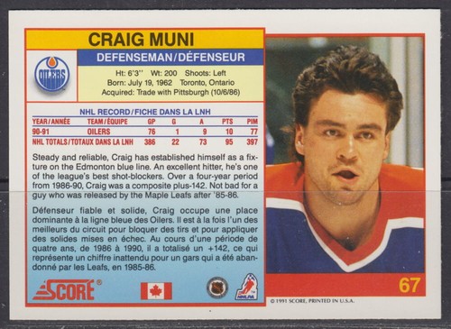 1991-92 Score Canadian Bilingual Craig Muni Hockey Card #67 - Picture 2 of 2