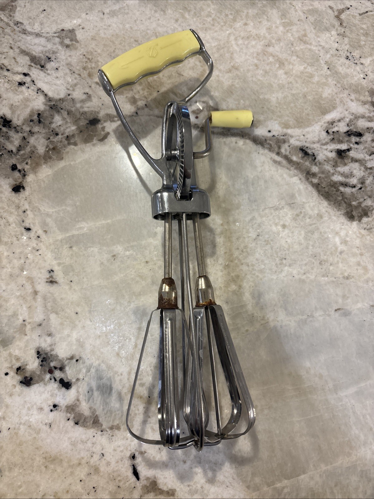 Vintage Stainless Steel Yellow Hand Crank Double Egg Beater by Turner & Seymour USA