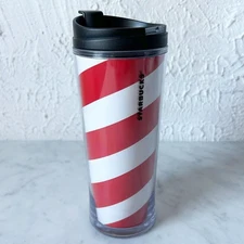 Starbucks 2009 Travel Mug 12oz Peppermint Candy Cane Red White Swirl