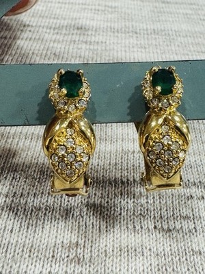 Nadri Gold Tone Green Clear Rhinestone Clip On Earrings