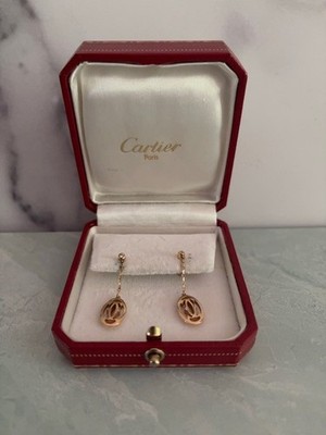 CARTIER Vintage 18K Rose Gold Diamond Drop Logo Earrings 'C de Cartier' Pretty!