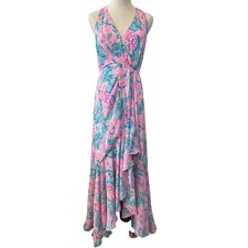 Lilly Pulitzer Pink Blue Floral Maxi Dress High Low Ruffle Sleeveless Size 4