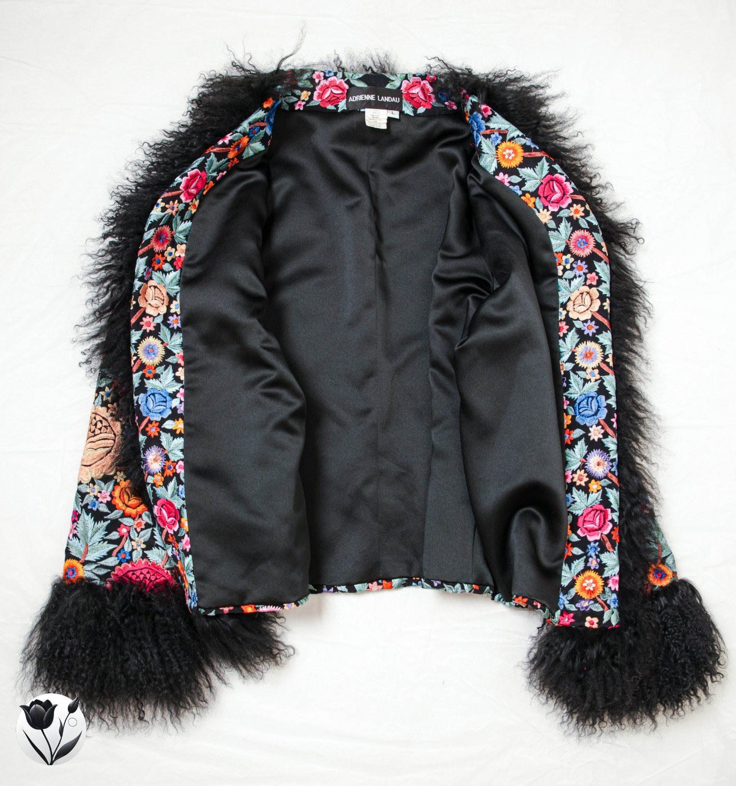 Adrienne Landau Vintage Silk Embroidered Jacket L Mongolian Lamb Fur Trim Rare