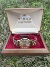 Vintage Timex Electronic Mens Watch w/ Original Case Gold Tone Date Not Running