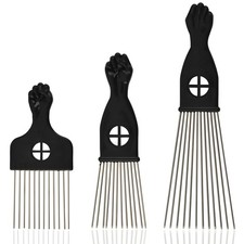 Kootinn 3-Piece Stainless Steel Afro Hair Pick Set, Fist Design Medium, Black