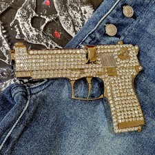 Gun Belt Buckle Iced Style Silver Metal Full of Rhinestones Revolver Pistols Men