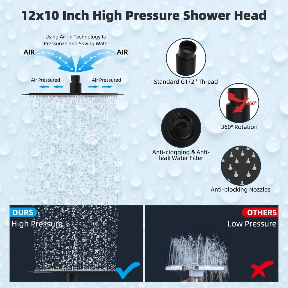 All Metal 12'' Rainfall Shower Head Square, High Pressure Handheld Shower Wand - Image 3 of 4