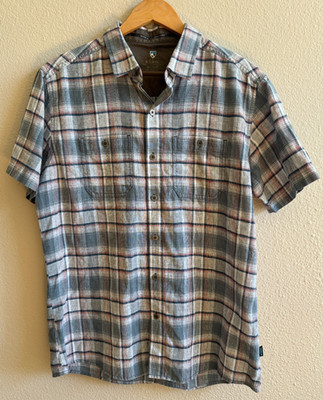 Kuhl Mens sz Medium Blue Red Plaid Short Sleeve Button Front Linen Cotton EUC
