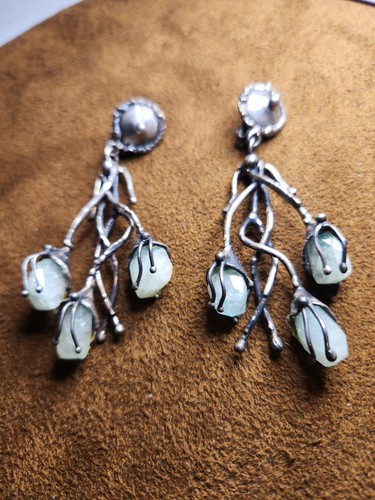 Signed Artisan Silver Created Clip-on Dangle Earrings With Natural Crystals