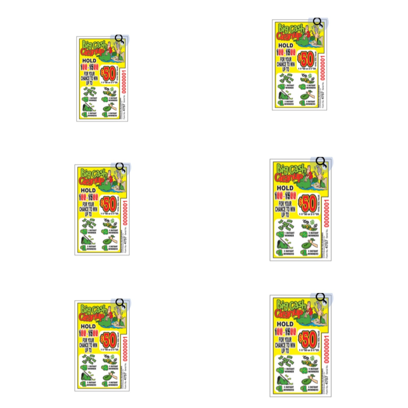 Pull Tab Tickets - Hard Card - Game - 6 Pack - Big Cash Cleanup - 104 ct ea