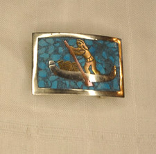 HANDMADE TAXCO MEXICO MIXED METAL TURQUOISE BELT BUCKLE, SILVER, BRASS, COPPER