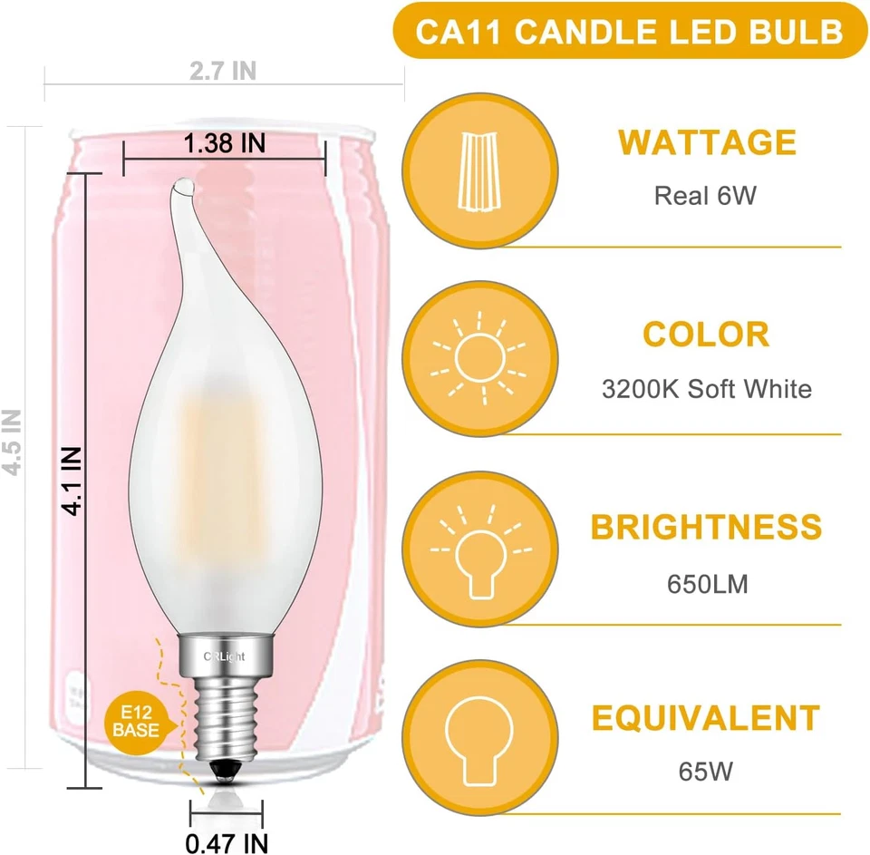 6W Dimmable LED Candelabra Bulb 65W Equivalent 650LM, 3200K Soft White E12 LED L - Image 3 of 4