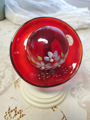 Fenton Ruby Red Hat Hand Painted Flowers Polka Dot Bow and Stand