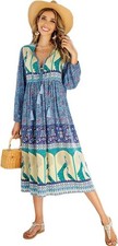 Women's Long Sleeve Floral Print   V Neck Tassel Bohemian Midi Dresses size s