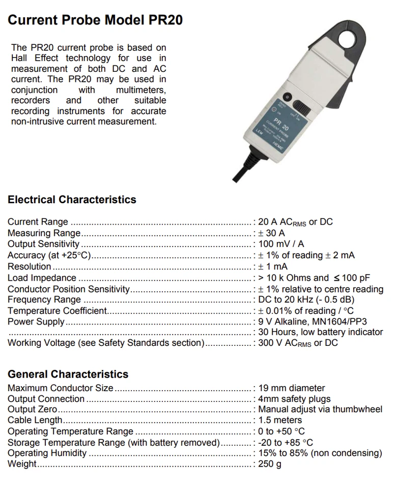 LEM HEME Current Probe PR20, +/-20A range, AC (RMS) or DC, +/-1% - Image 3 of 4
