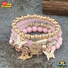 4Pcs Butterfly Beaded Bracelet Set for Women Boho Acrylic Jewelry Gift