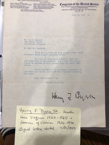 Harry F Byrd Sr Senator signed letter to Gov Virginia