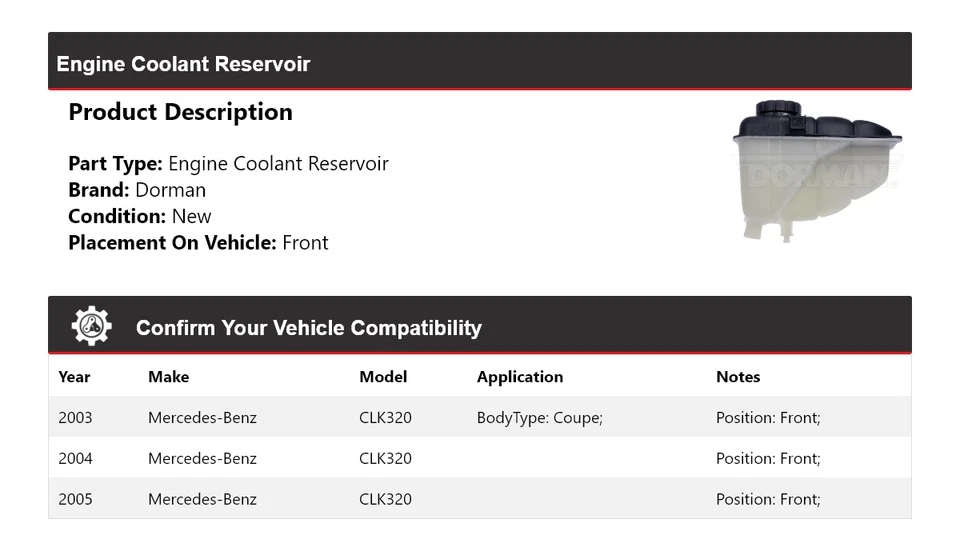 Depósito de refrigerante delantero 2004 para motor Dorman Mercedes-Benz CLK320 2003-2005 Foto 2 de 4