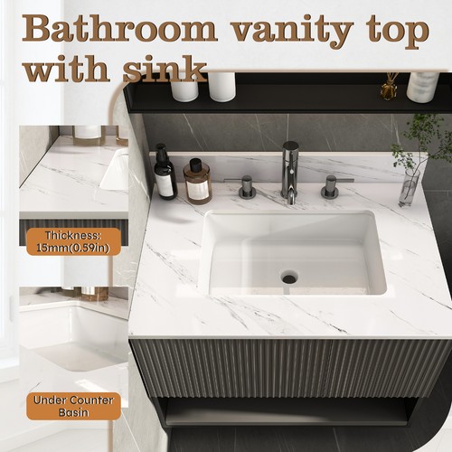 31 Inch Marble Vanity Top, White Vanity Top with Pre-drilled Faucet Holes, Bathr - Picture 10 of 12