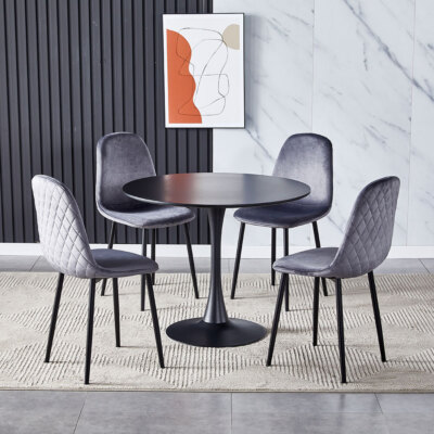 Round Metal Pedestal Dining Table and Grey Velvet Chairs