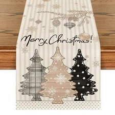  Stripes Pine Trees Merry Christmas Table Runner, 13" x 72", Table Runner Brown