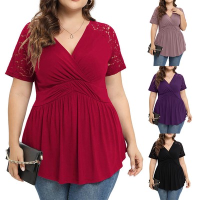 Plus Size Women Pleated Tunic Tops Ladies Short Sleeve Wrap T Shirt Blouse  US | eBay