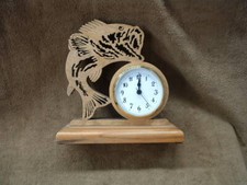 WOODEN CARVED LARGEMOUTH BASS & STAND QUARTZ CLOCK MADE IN USA