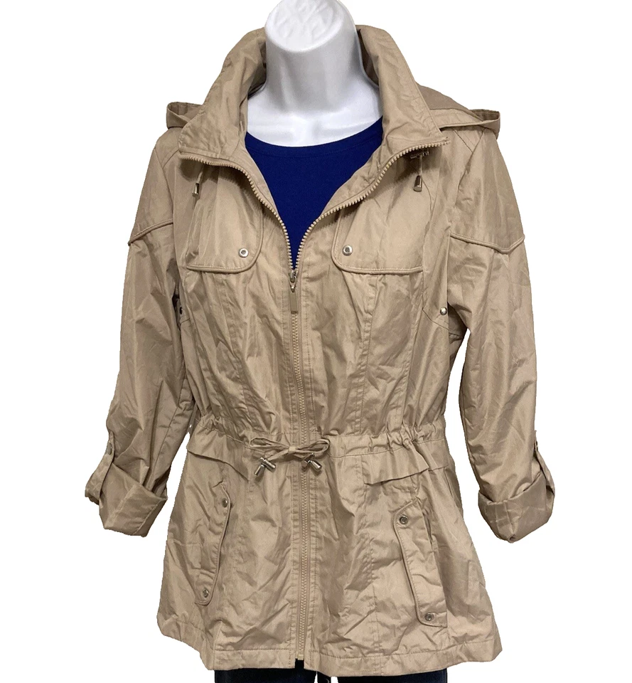 Chaqueta de Lluvia Weather Tamer Talla M Beige Con Capucha Cortavientos Mangas Largas Abrigo Forrado Foto 2 de 4