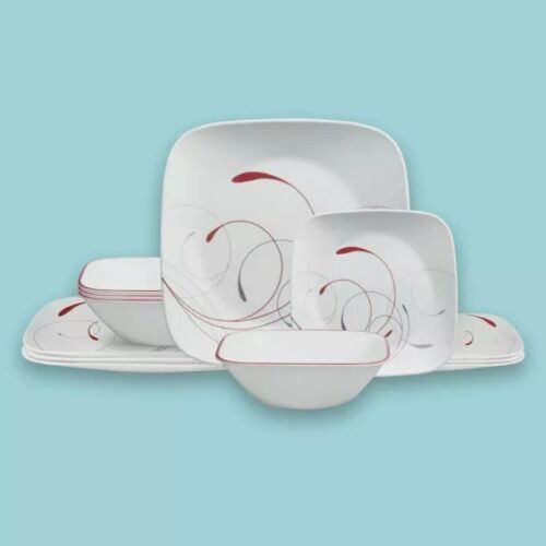 Splendor Square 12 Piece Lunch Dinner Dinnerware Set White, Red and Gray