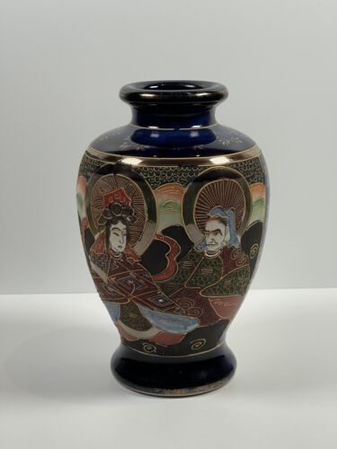 Japanese Vintage Satsuma Colbalt Blue Vase 19cm Chinese Gods Design Hand Painted - Picture 1 of 12
